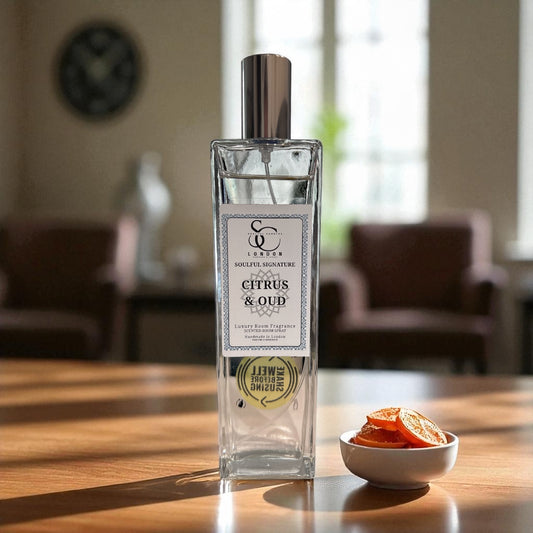 Citrus & Oud luxury room spray 100ml, alcohol‑free, handmade in London
Room spray with bright citrus and smoky oud in an elegant bottle