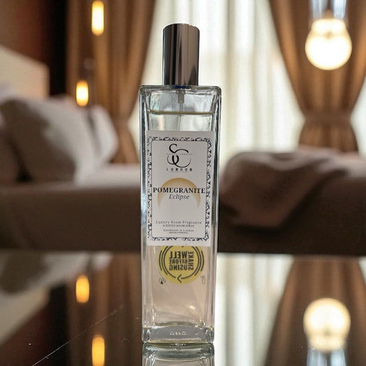 PomegraNite Eclipse luxury room spray 100ml, alcohol‑free, handmade in London
Dark, pomegranate-inspired room spray in an elegant bottle