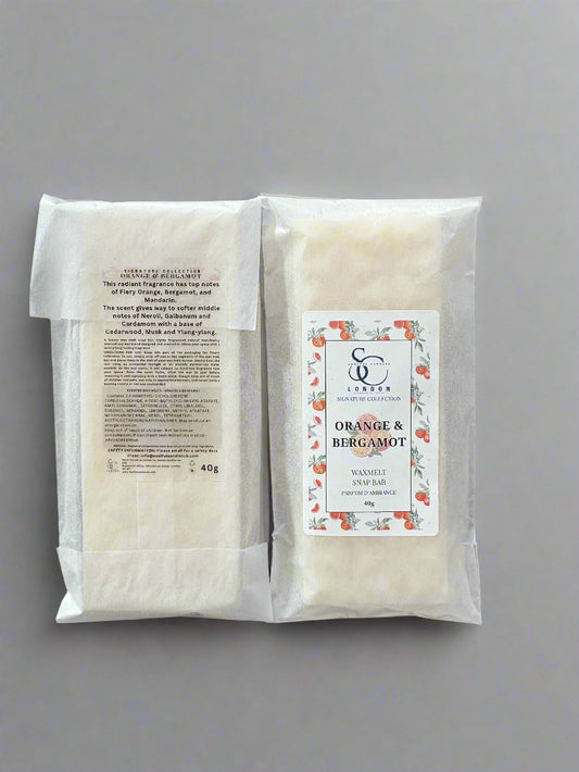 Orange & Bergamot 40g wax melt snap bar, hand‑poured soy blend, handmade in London
Luxury citrus wax melts in snap bar format