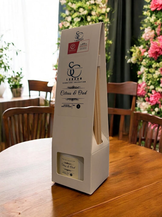 Citrus & Oud 100ml reed diffuser with natural reeds, handmade in London
Luxury reed diffuser with bright citrus and smoky oud notes