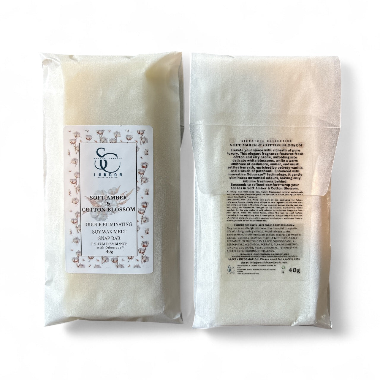 Back of Soft Amber & Cotton Blossom odour eliminating soy wax melt snap bar, 40g, showing ingredients and usage instructions, handmade in London
