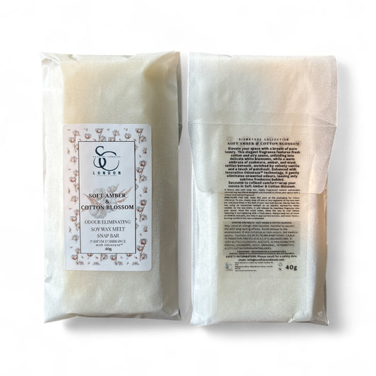 Back of Soft Amber & Cotton Blossom odour eliminating soy wax melt snap bar, 40g, showing ingredients and usage instructions, handmade in London