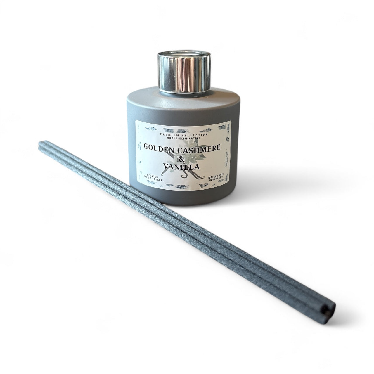 Golden Cashmere & Vanilla 100ml odour eliminating reed diffuser bottle with matte finish and black reeds, luxury vanilla and cashmere scent, handmade in London