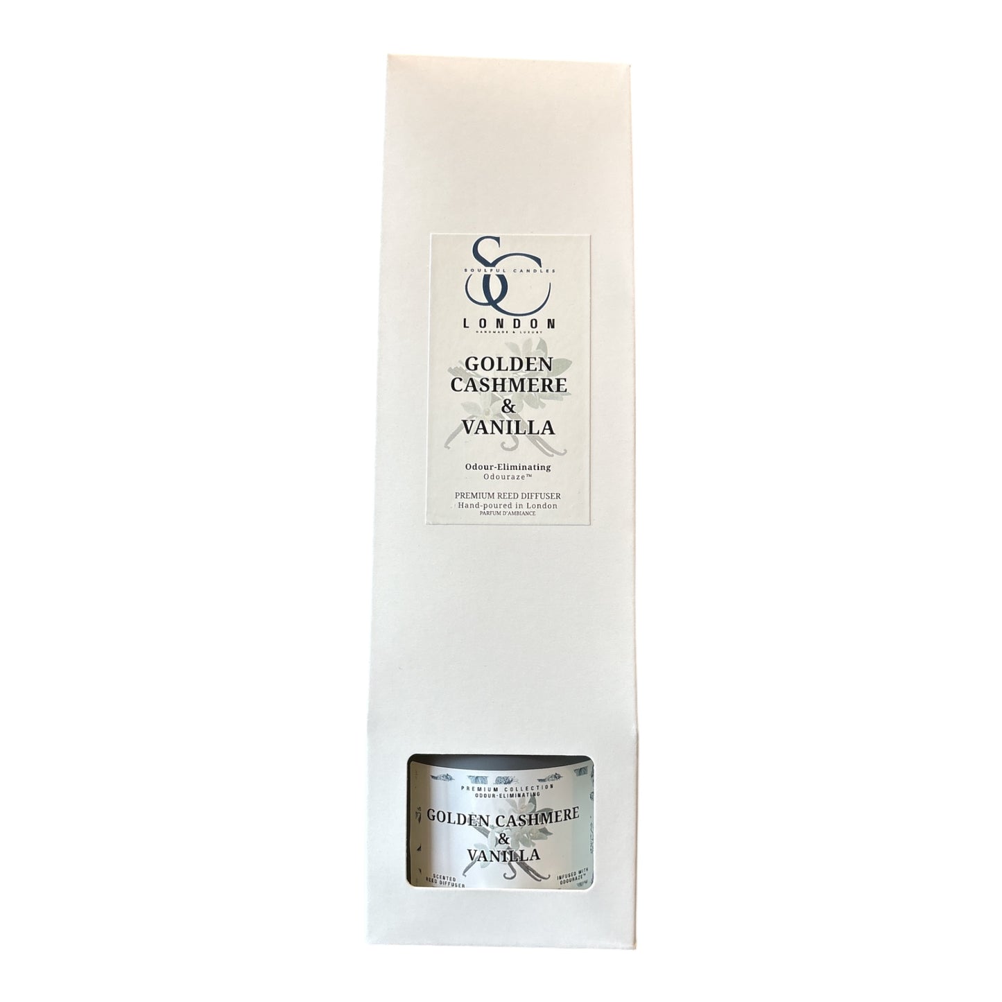 Front of Golden Cashmere & Vanilla 100ml odour eliminating reed diffuser, white box packaging, handmade in London
