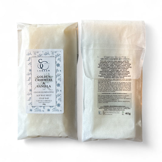 Back of Golden Cashmere & Vanilla odour eliminating soy wax melt snap bar, 40g, showing ingredients and usage instructions, handmade in London