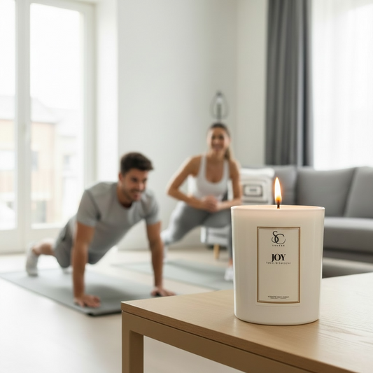 Joy 30cl therapy candle burning during a home wellness workout creating an uplifting and energising atmosphere