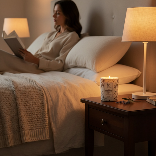 Woman reading a book in bed with a lit candle on a nightstand.
