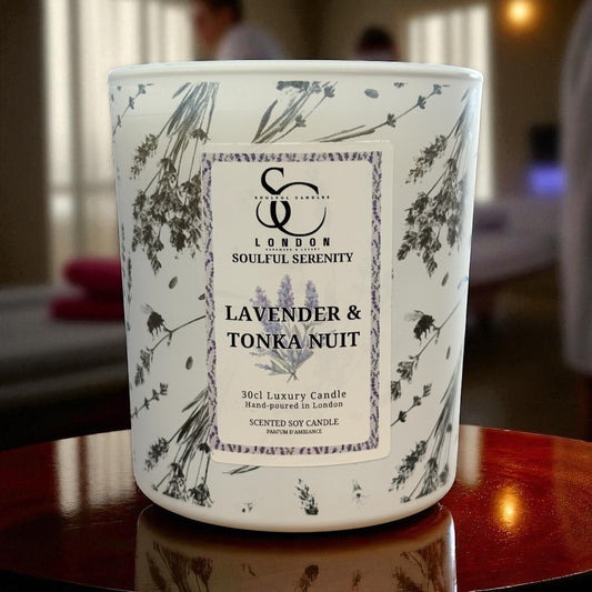 Lavender & Tonka 30cl soy candle in laser‑engraved glass, handmade in London
Luxury lavender and tonka bean candle with cotton wick, 40–45 hr burn