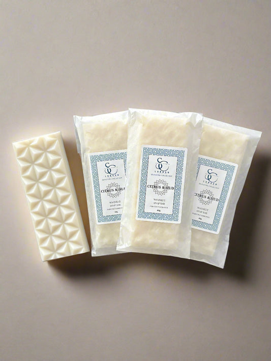 Citrus & Oud 40g wax melt snap bar, hand-poured soy blend, handmade in London
Luxury citrus and oud wax melts in snap bar format