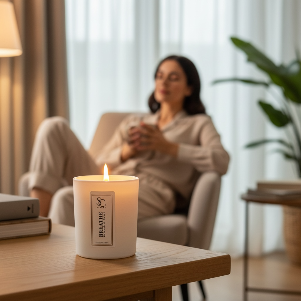 Breathe therapy candle burning in calm relaxing home setting