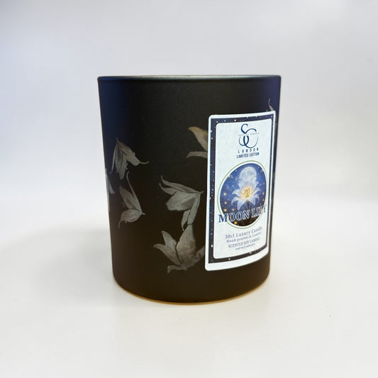Moon Lily engraved lily candle – peelable label showing engraved glass