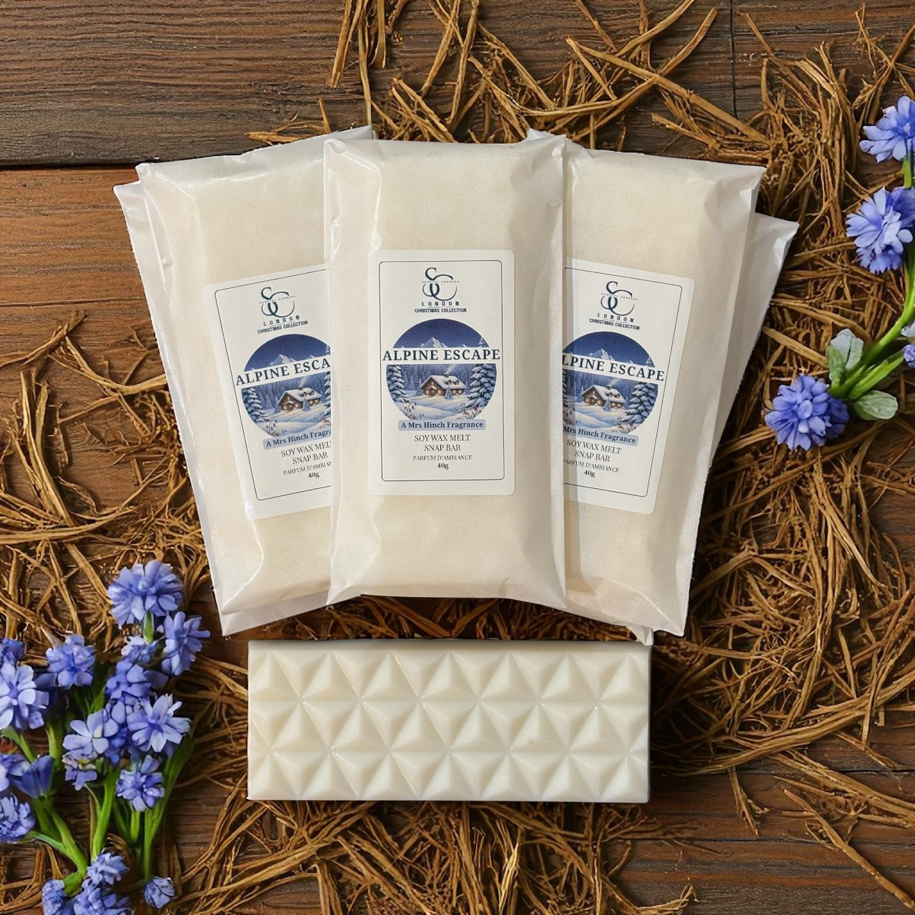 Mrs Hinch Alpine Escape Soy Wax Melt Snap Bar – lifestyle shot with bluebells and wood