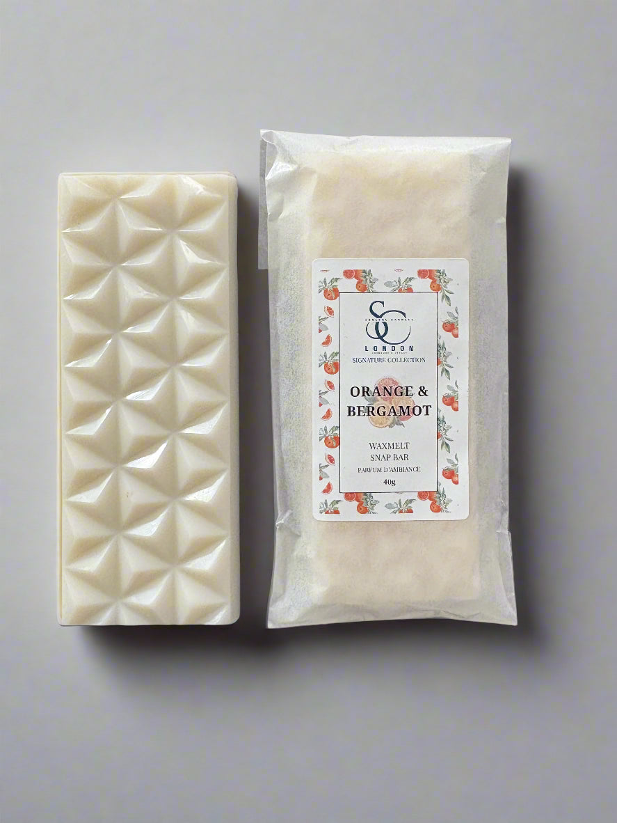 Orange & Bergamot 40g wax melt snap bar, hand‑poured soy blend, handmade in London
Luxury citrus wax melts in snap bar format