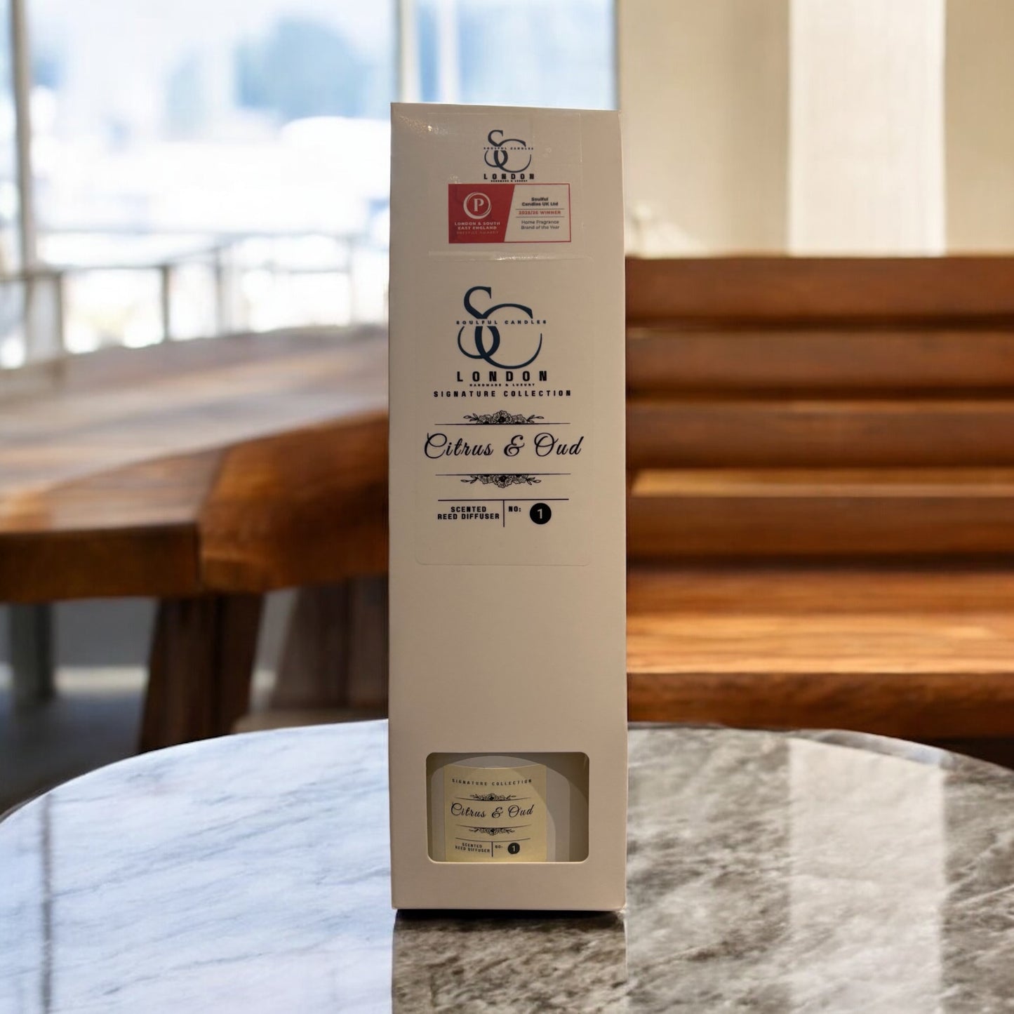 Citrus & Oud
100ml reed diffuser in a white glass bottle packaged in a classic white luxury box with reeds