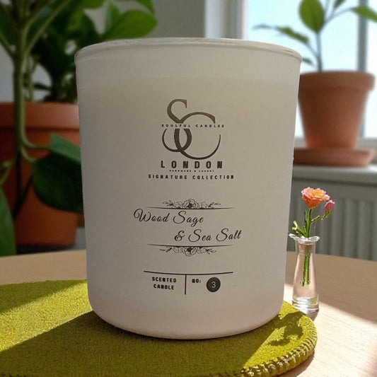 White candle with branding on a green coaster, plants in the background