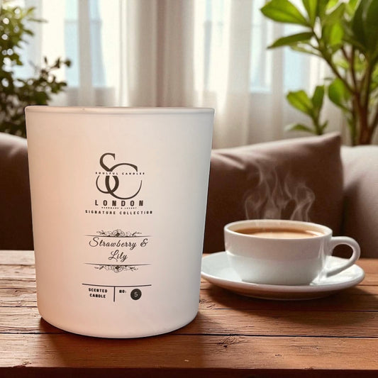 White candle labeled 'Strawberry & Lily' next to a steaming cup of coffee on a wooden table with plants in the background.