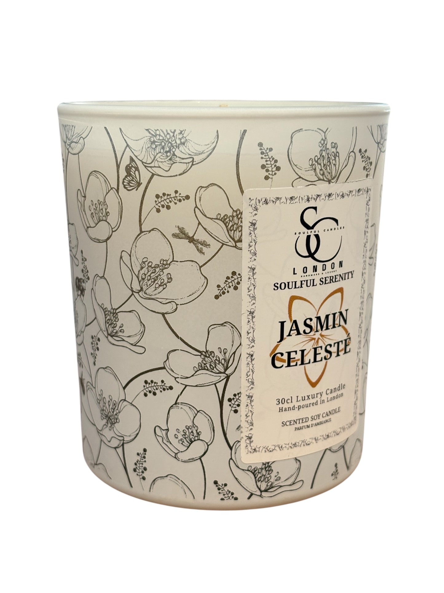 Candle with floral design and 'Jasmin Celeste' branding on a white background