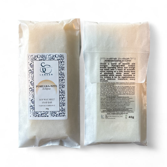 Back of Pomegra-Nite Eclipse soy wax melt snap bar, 40g, showing ingredients and usage instructions, handmade in London