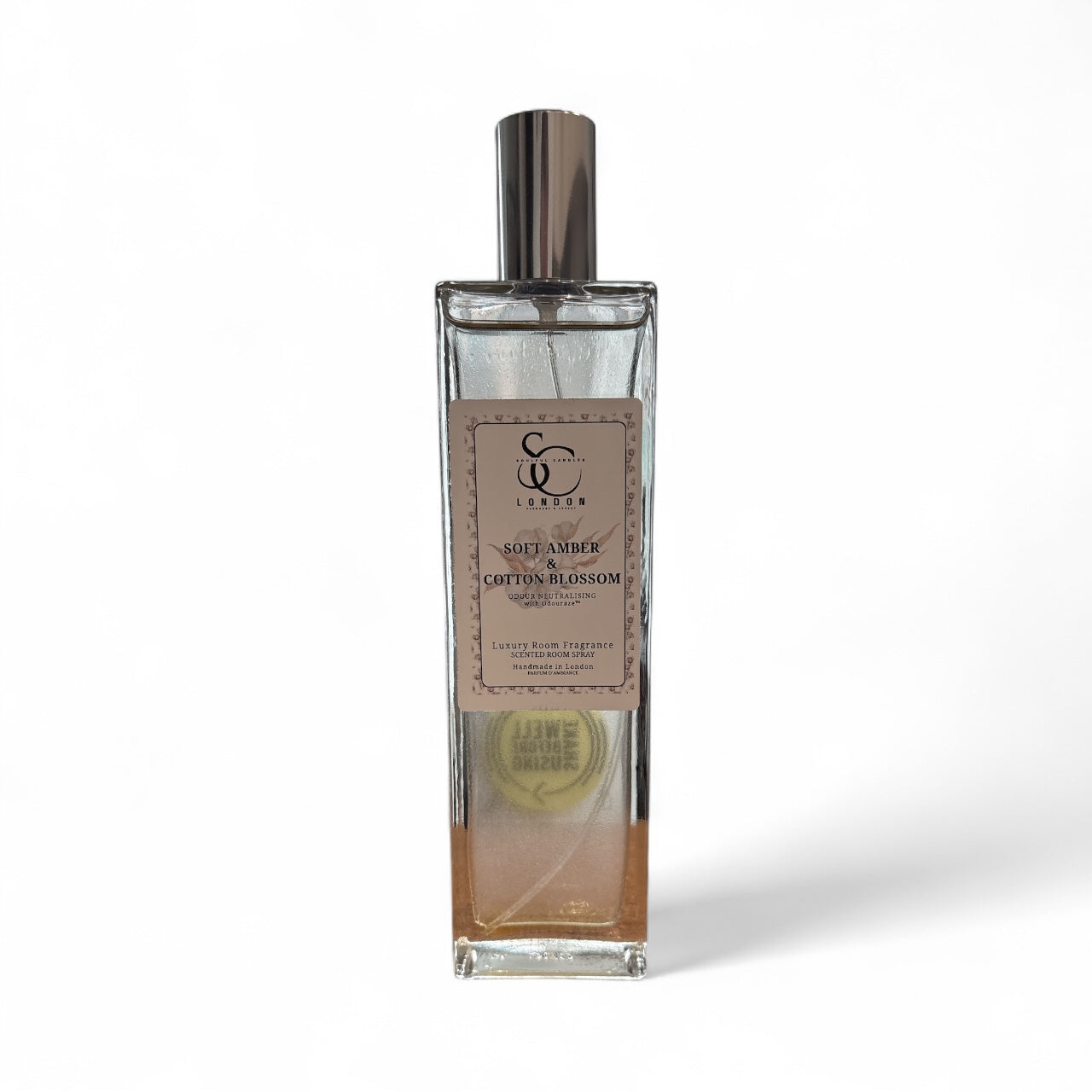 Soft Amber & Cotton Blossom odour eliminating room spray 100ml bottle
Alcohol-free Odouraze-infused room spray handmade in London
Vegan luxury room spray for cooking and pet odours