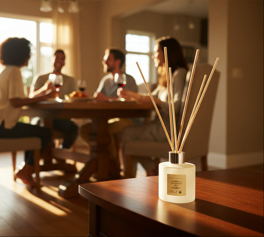 strawberry and lily reed diffuser on a wooden table in a dining room