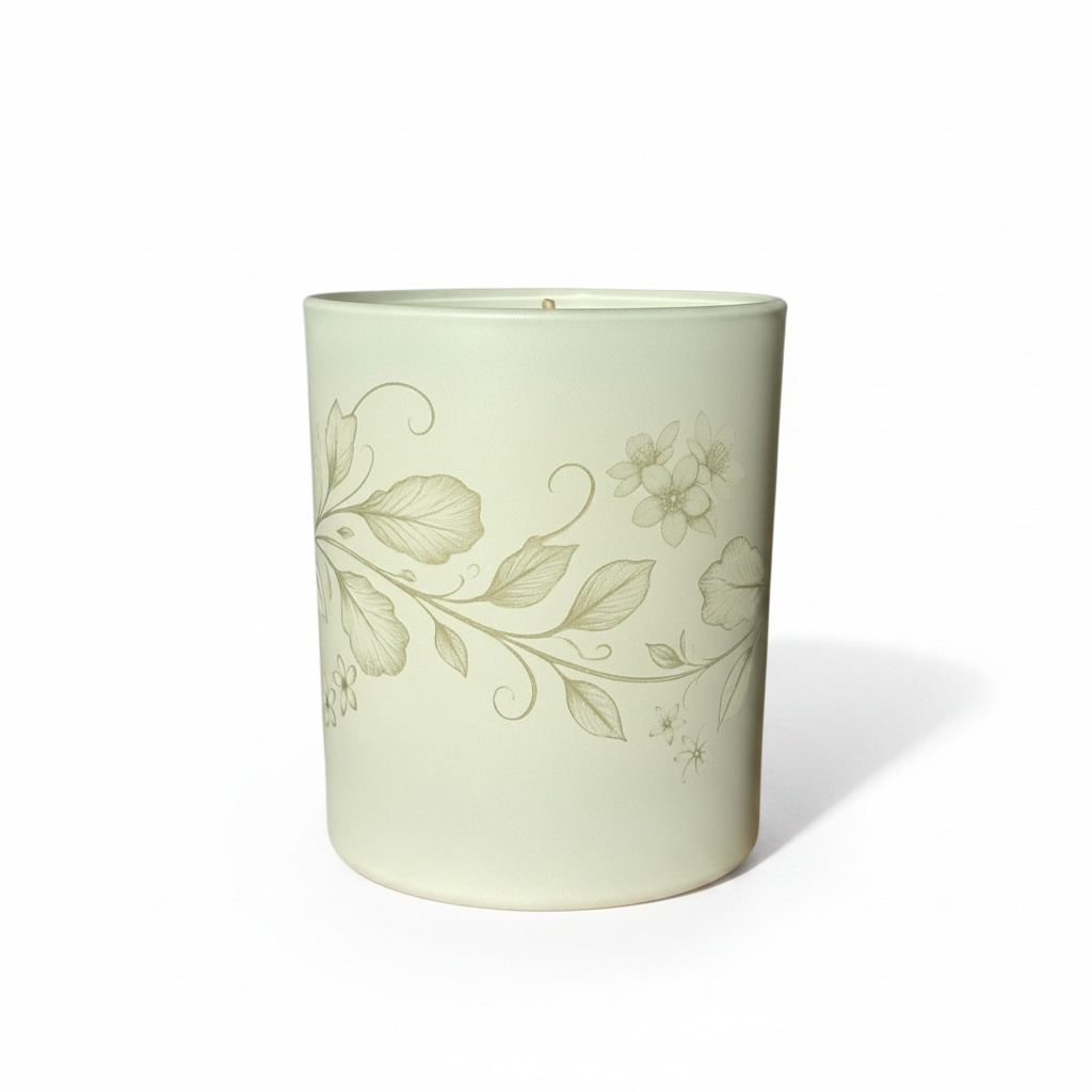 Engraved floral glass detail on Sweet Pea & Jasmine soy candle