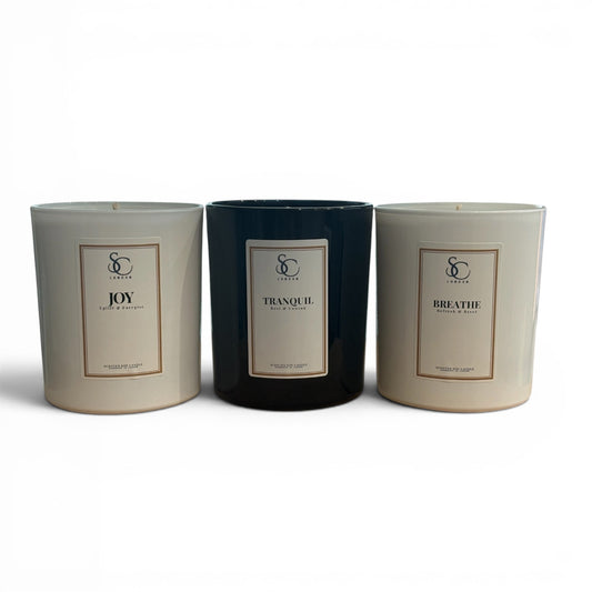 Luxury 3 x 30cl therapy candle set featuring Joy, Tranquil and Breathe soy candles by Soulful Candles London