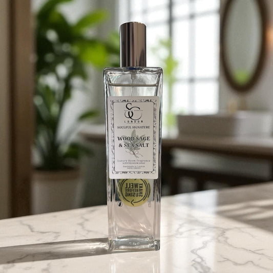 Wood Sage & Sea Salt luxury room spray 100ml, alcohol‑free, handmade in London
Coastal room spray with sea salt and sage notes in an elegant bottle