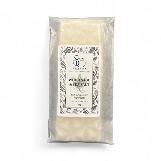 Hand-poured soy wax melt snap bar 40g with wood sage and sea salt fragrance by Soulful Candles UK.