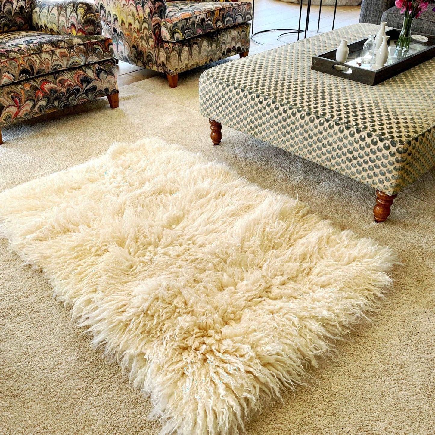 British White Curly Rectangular Rug 75cm x 115cm