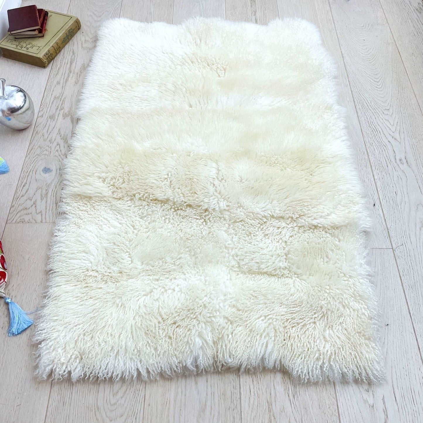 British White Curly Rectangular Rug 75cm x 115cm