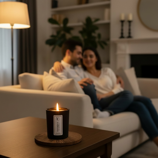 Tranquil therapy candle burning in cosy relaxing evening home setting