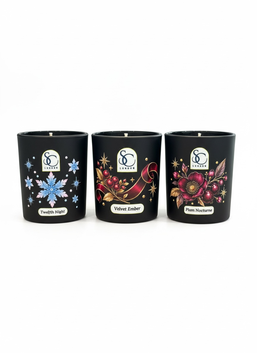 Soulful Candles London 2026 Winter Collection featuring three decorative black glass 9cl scented soy candles: Twelfth Night, Velvet Ember and Plum Nocturne.