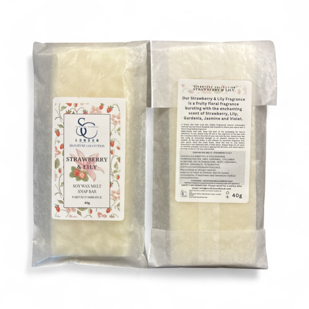 Strawberry & Lily soy wax melt snap bar 40g by Soulful Candles UK – handmade in London