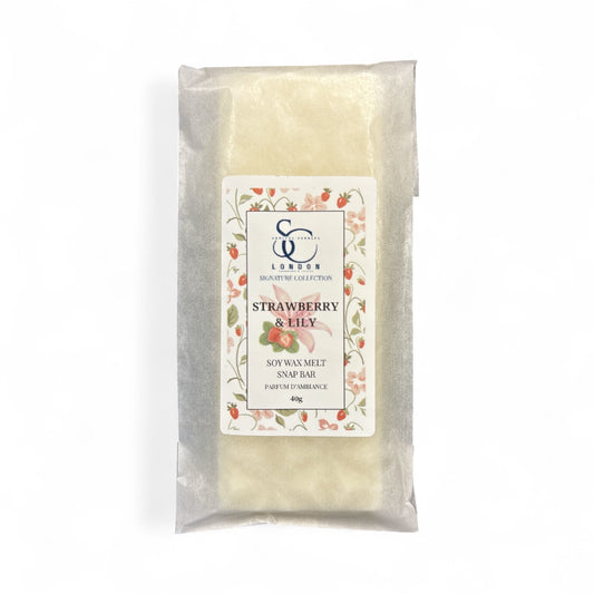 Strawberry & Lily 40g soy wax melt snap bar in recyclable packaging