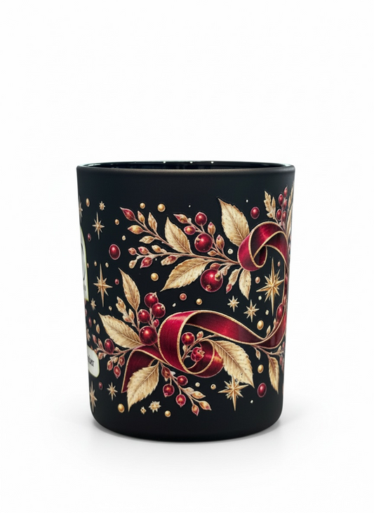 Close-up of Velvet Ember 30cl winter candle showing flowing burgundy ribbons, golden leaves, red berries and delicate gold stars wrapping around the black glass vessel.
