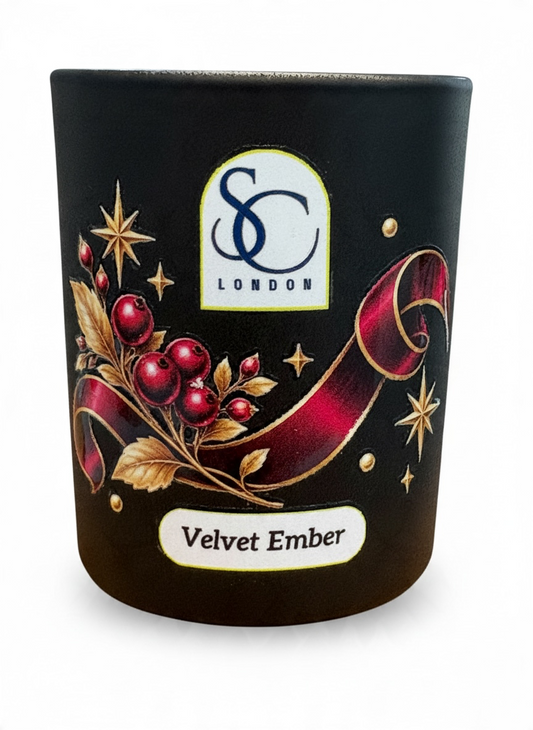 Close-up of Velvet Ember 9cl winter candle showing a flowing burgundy ribbon, golden leaves, red berries and delicate gold stars on a matte black glass vessel.