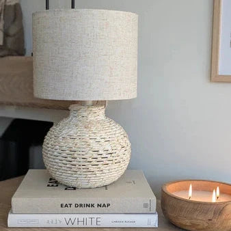 White Wash Small Bulbous Wicker Table Lamp