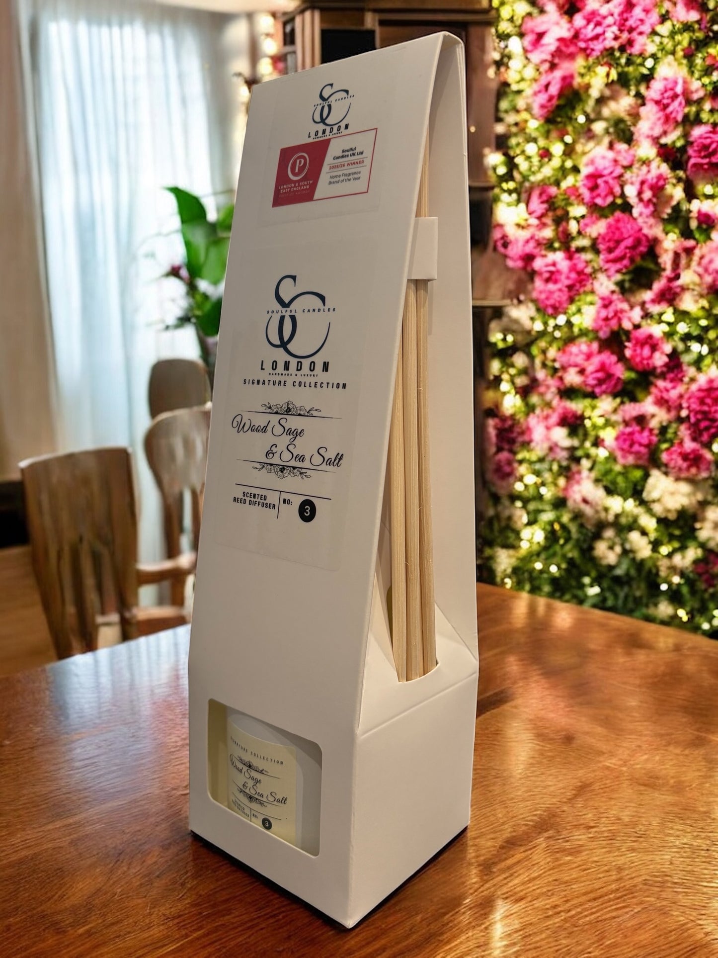 Wood Sage & Sea Salt 100ml reed diffuser with natural reeds, handmade in London