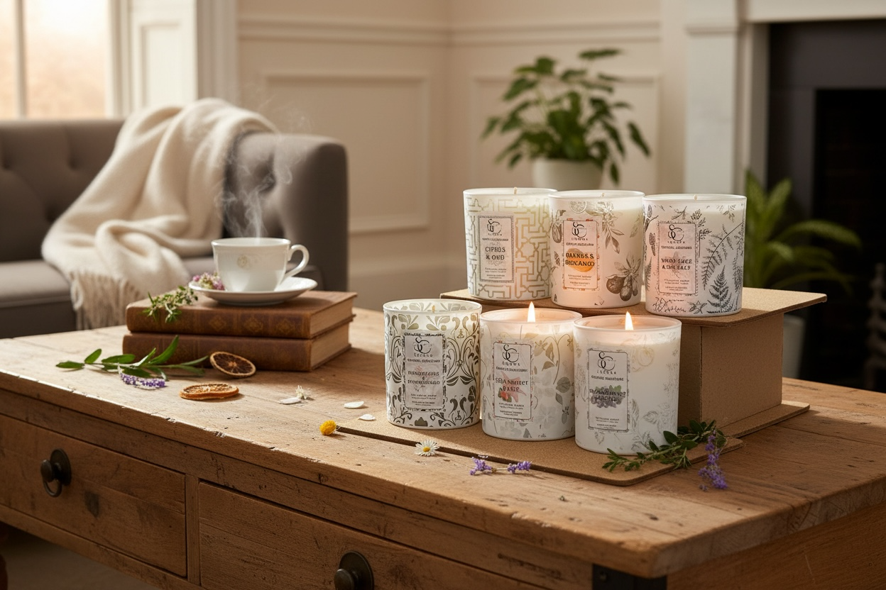 New-look engraved luxury soy candle collection 30cl by S.C London on wooden table
