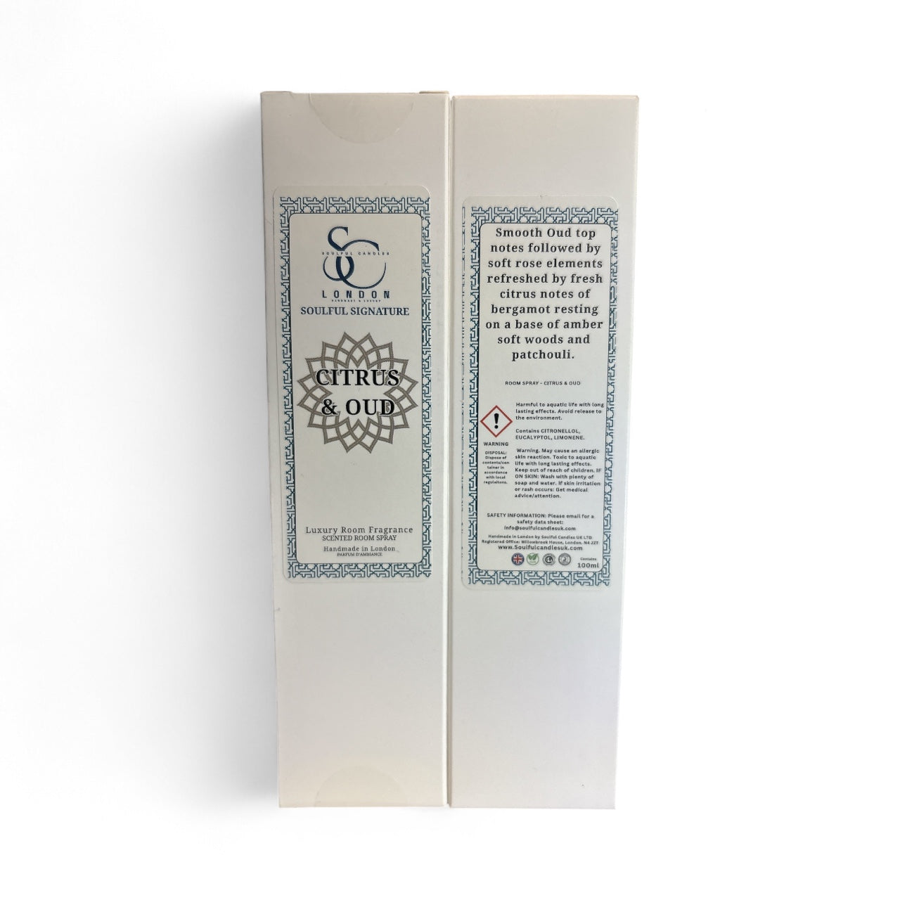 Citrus & Oud luxury room spray 100ml, alcohol‑free, handmade in London
Room spray with bright citrus and smoky oud in an elegant bottle