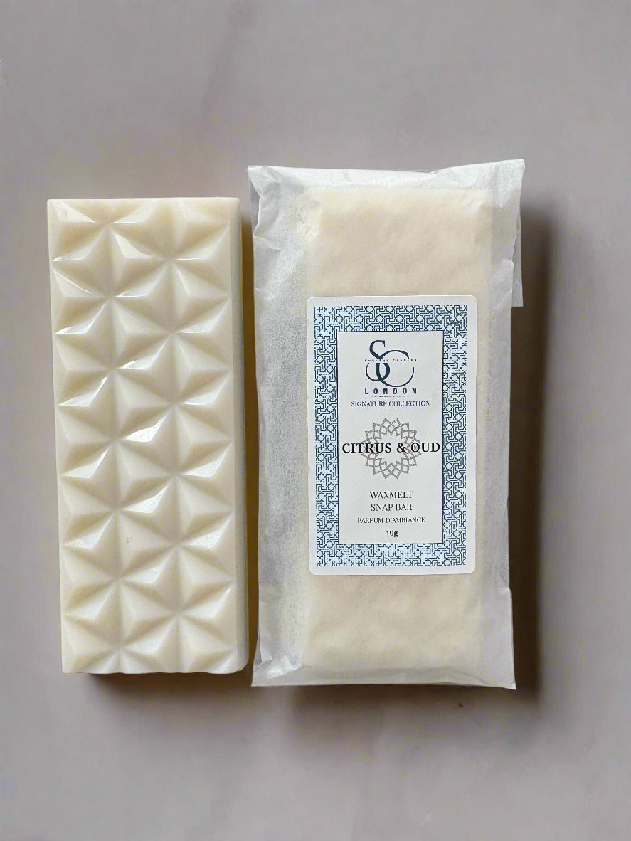 Citrus & Oud 40g wax melt snap bar, hand-poured soy blend, handmade in London
Luxury citrus and oud wax melts in snap bar format