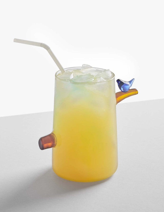 Birds Long Glass by Ichendorf Milan – filled with drink, blue bird detail