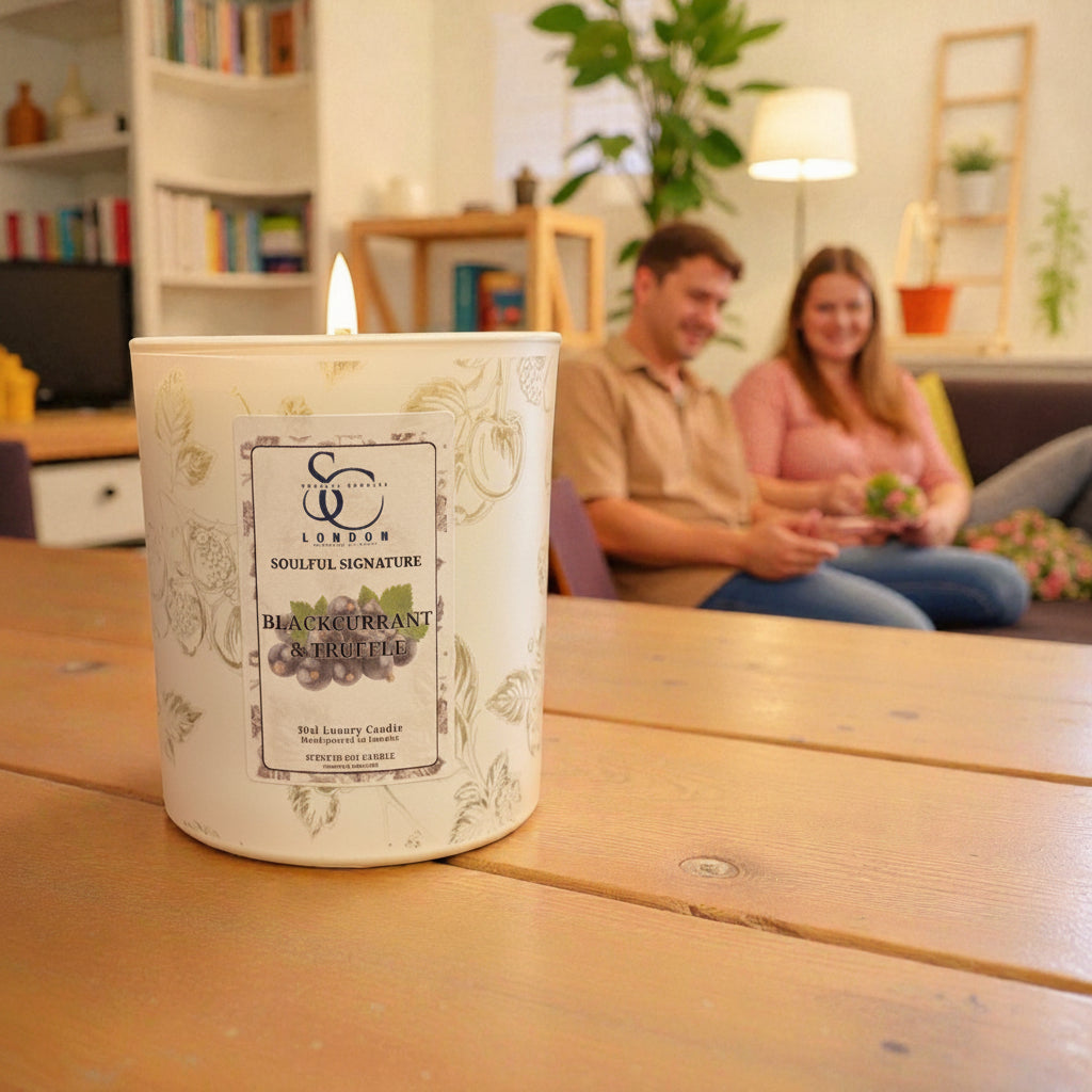 Candle with a label on a wooden table, with a blurred background of a couple sitting together.