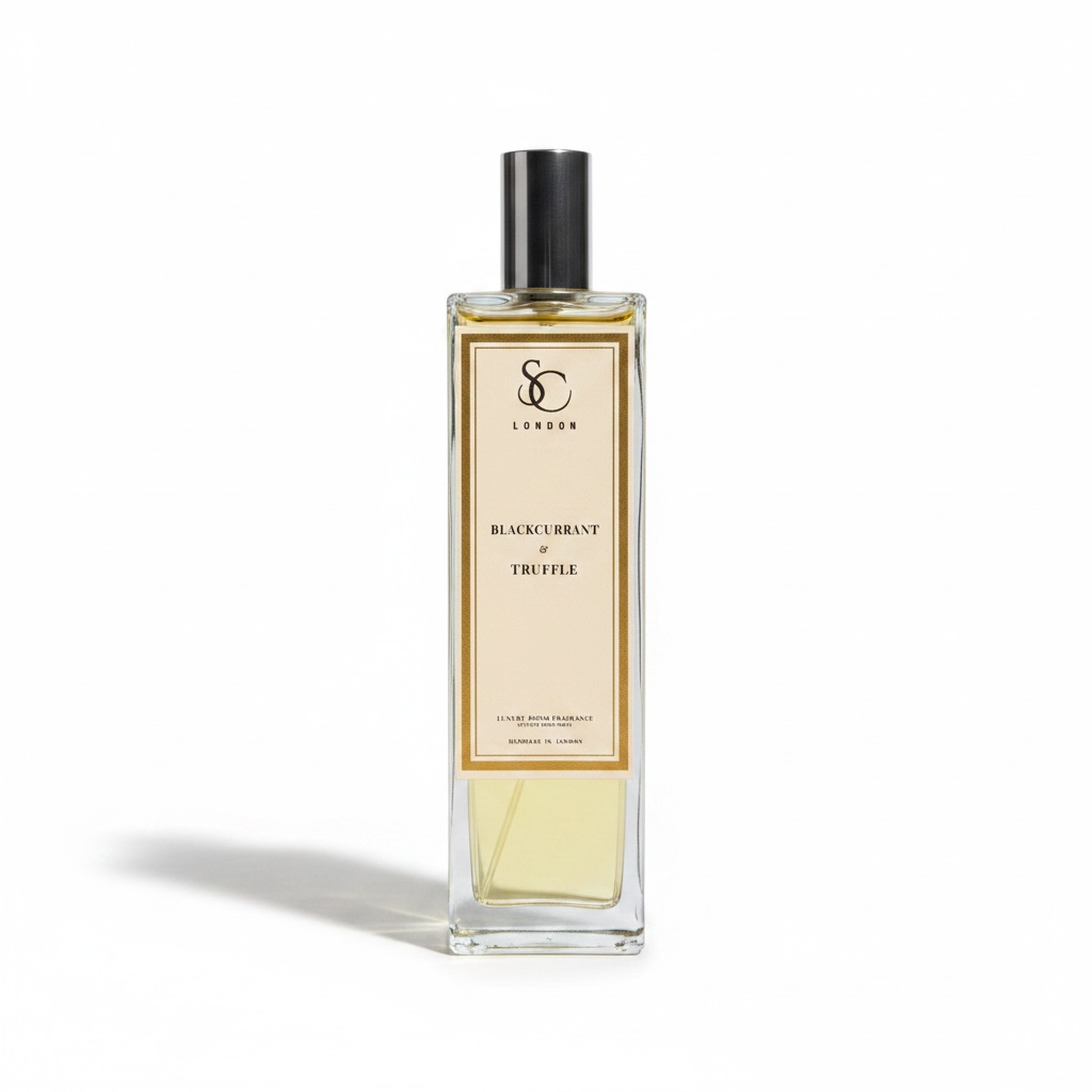 Blackcurrant & Truffle 100ml luxury room spray by Soulful Candles London in a clear glass bottle with silver cap and cream gold label