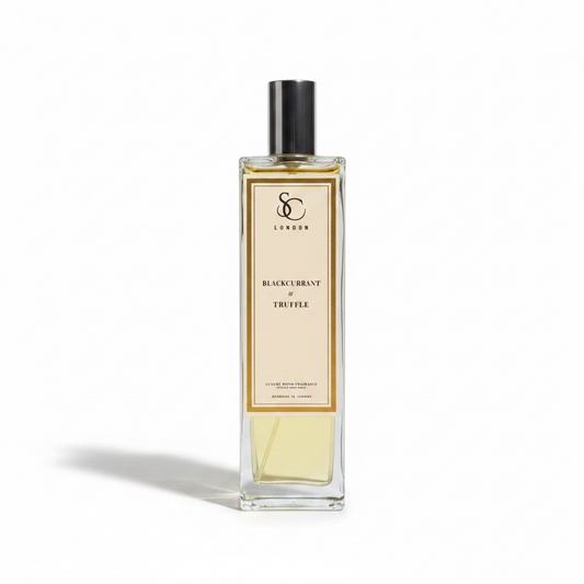Blackcurrant & Truffle 100ml luxury room spray by Soulful Candles London in a clear glass bottle with silver cap and cream gold label