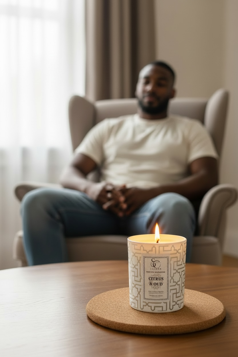 Lit Citrus & Oud soy candle 30cl in geometric engraved glass on coffee table