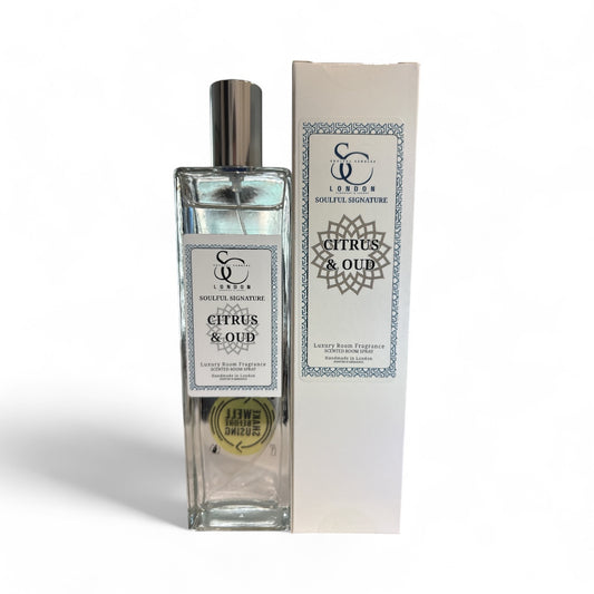 Citrus & Oud luxury room spray 100ml, alcohol‑free, handmade in London
Room spray with bright citrus and smoky oud in an elegant bottle