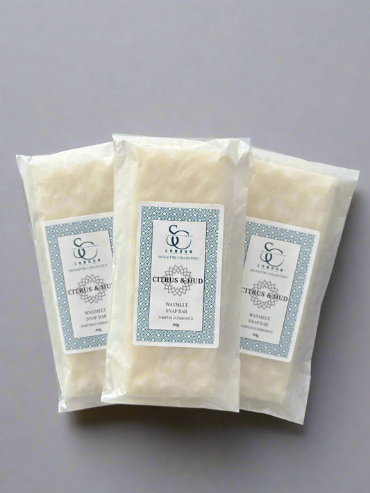 Citrus & Oud 40g wax melt snap bar, hand-poured soy blend, handmade in London
Luxury citrus and oud wax melts in snap bar format