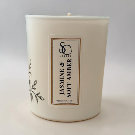 Front view of the Jasmine and Soft Amber 9cl Sanctuary soy candle