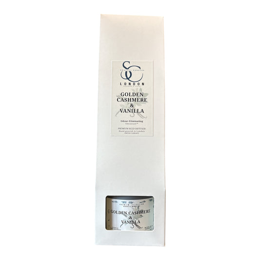 Front of Golden Cashmere & Vanilla 100ml odour eliminating reed diffuser, white box packaging, handmade in London